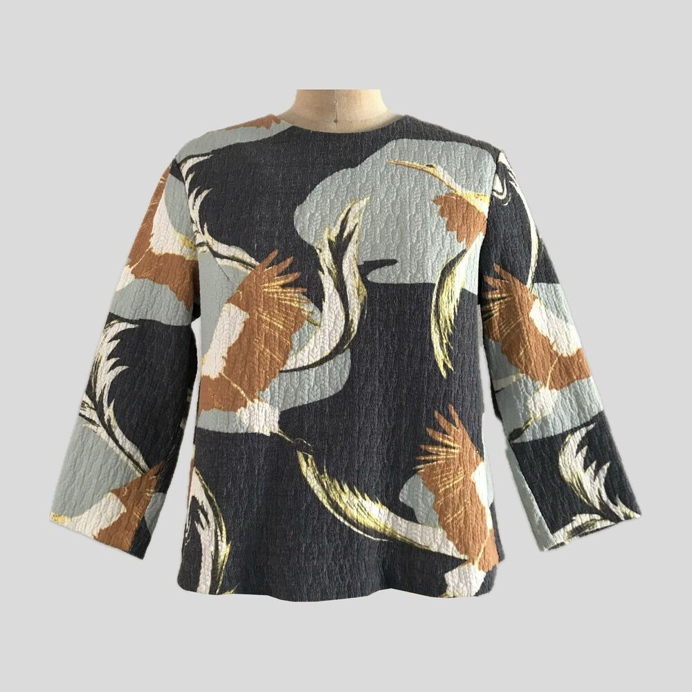 H&M Blue Gray Neutral 3/4 Sleeve Bird Print Pleated Cotton Top Womens 4